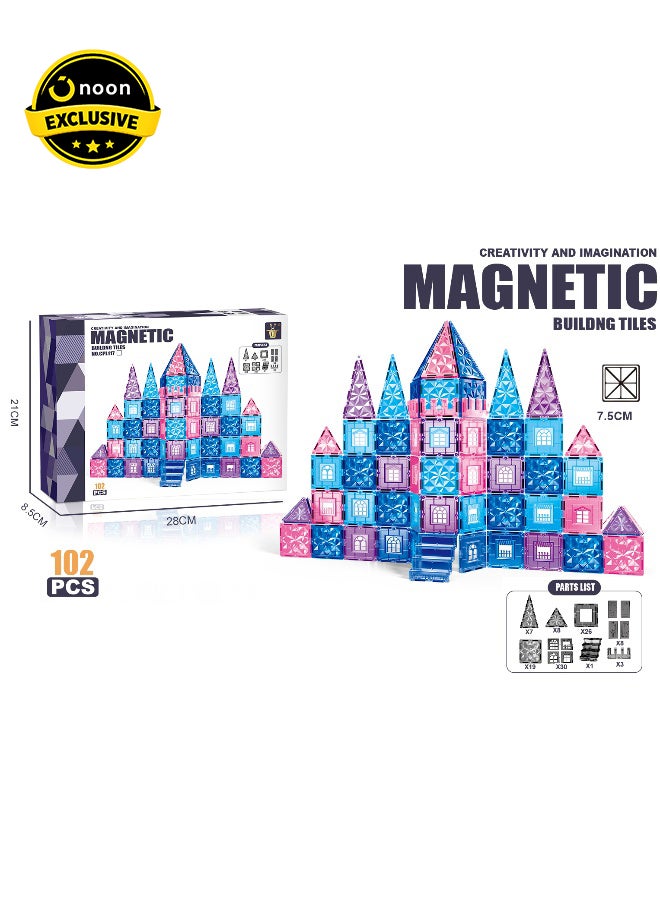 Magni Mates Magnetic Building Tiles Set 102 Pieces 7.5cm Size – DIY Construction Blocks with Castle Style Designs, Window Tiles and Colorful Shapes for Creative STEM Learning Play - Image 1